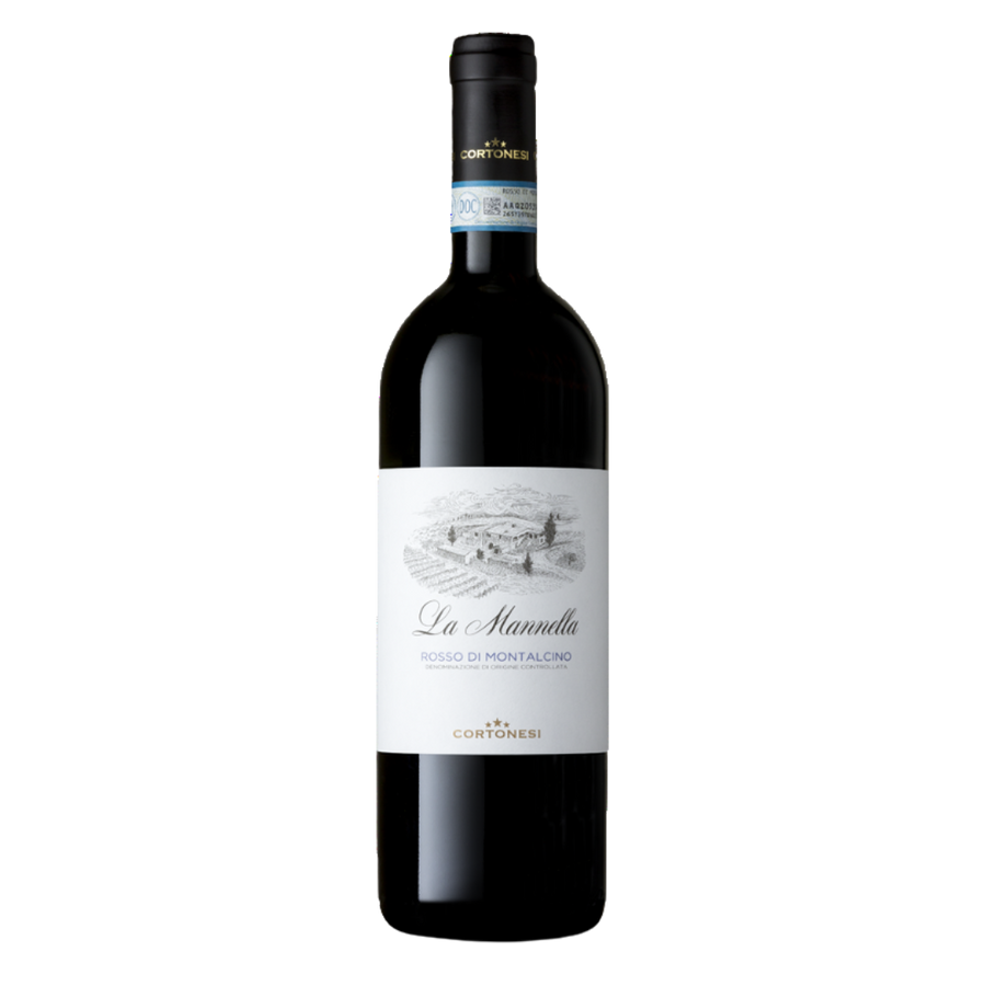 Fles Cortonesi La Mannella Rosso di Montalcino, rode wijn uit Toscane, Italië