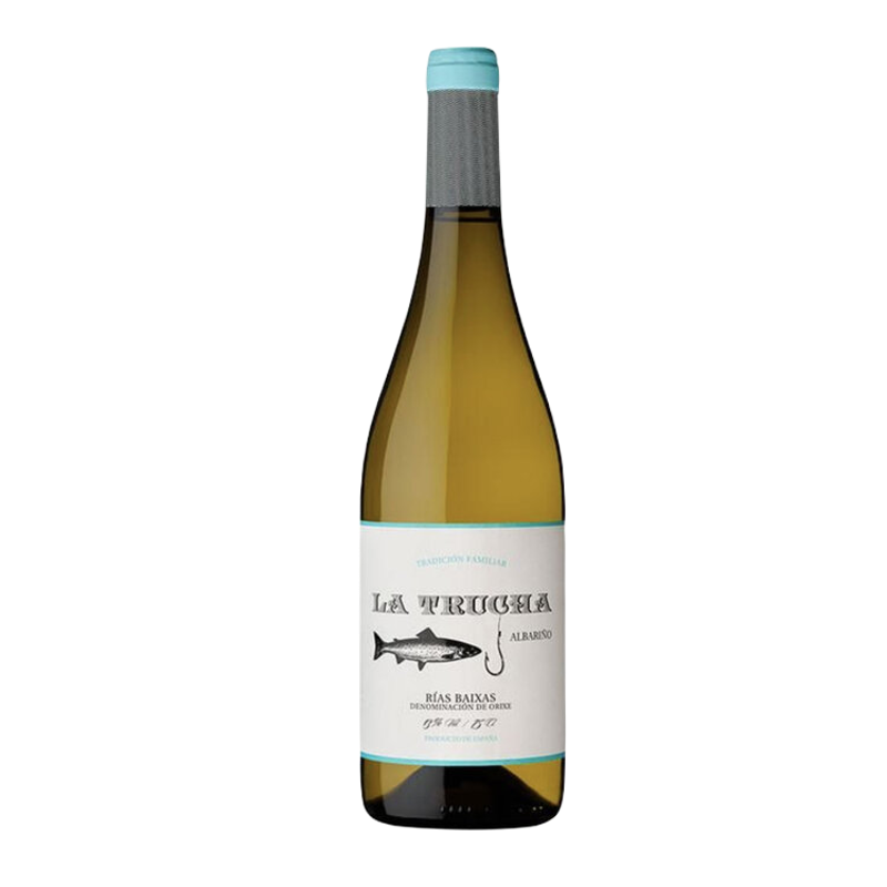 Fles La Trucha Albariño, witte wijn uit Galicië, Spanje